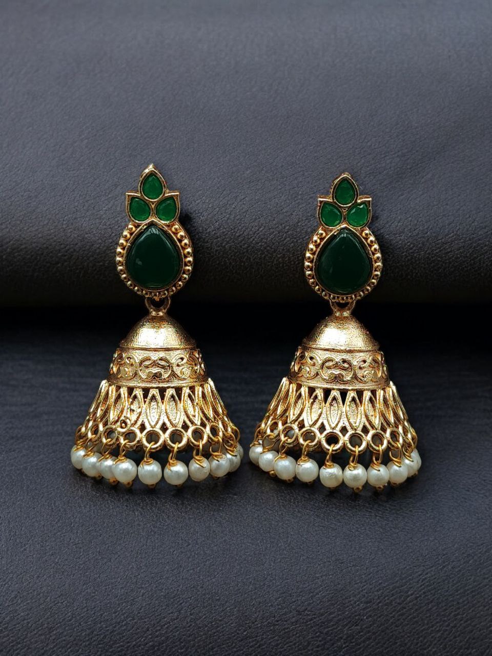 Luxurious Gold Plated Jhumka Earrings with Sparkling Stone Pearl Work - Image 9