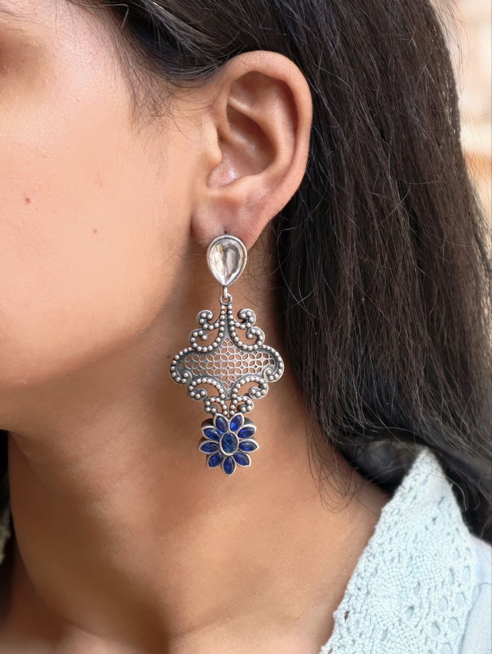 Stunning Silver Flower Dangler with Elegant Ethnic Appeal - Image 6