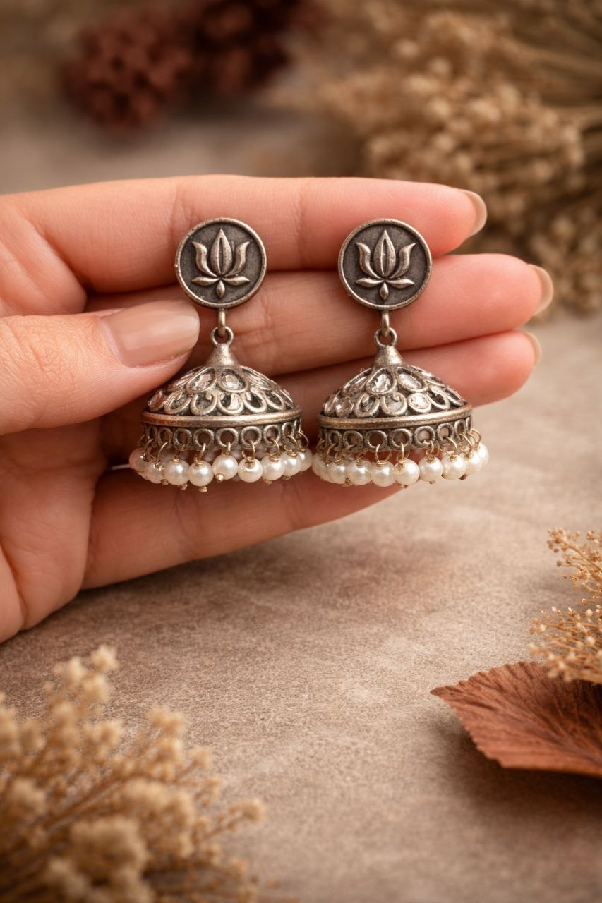 Silver Lotus Jhumka Elegant Dazzling Traditional Earrings for Graceful Women - Image 5
