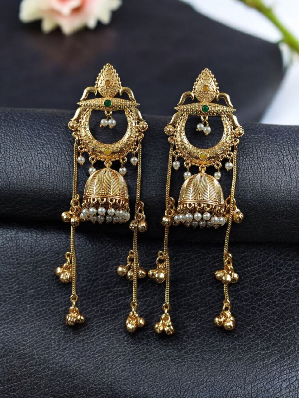 Beautiful Gold Plated Kashmiri Jhumka Earrings with Premium Stone Pearl Work - Image 6