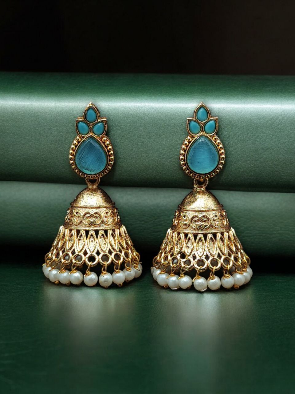 Luxurious Gold Plated Jhumka Earrings with Sparkling Stone Pearl Work - Image 8