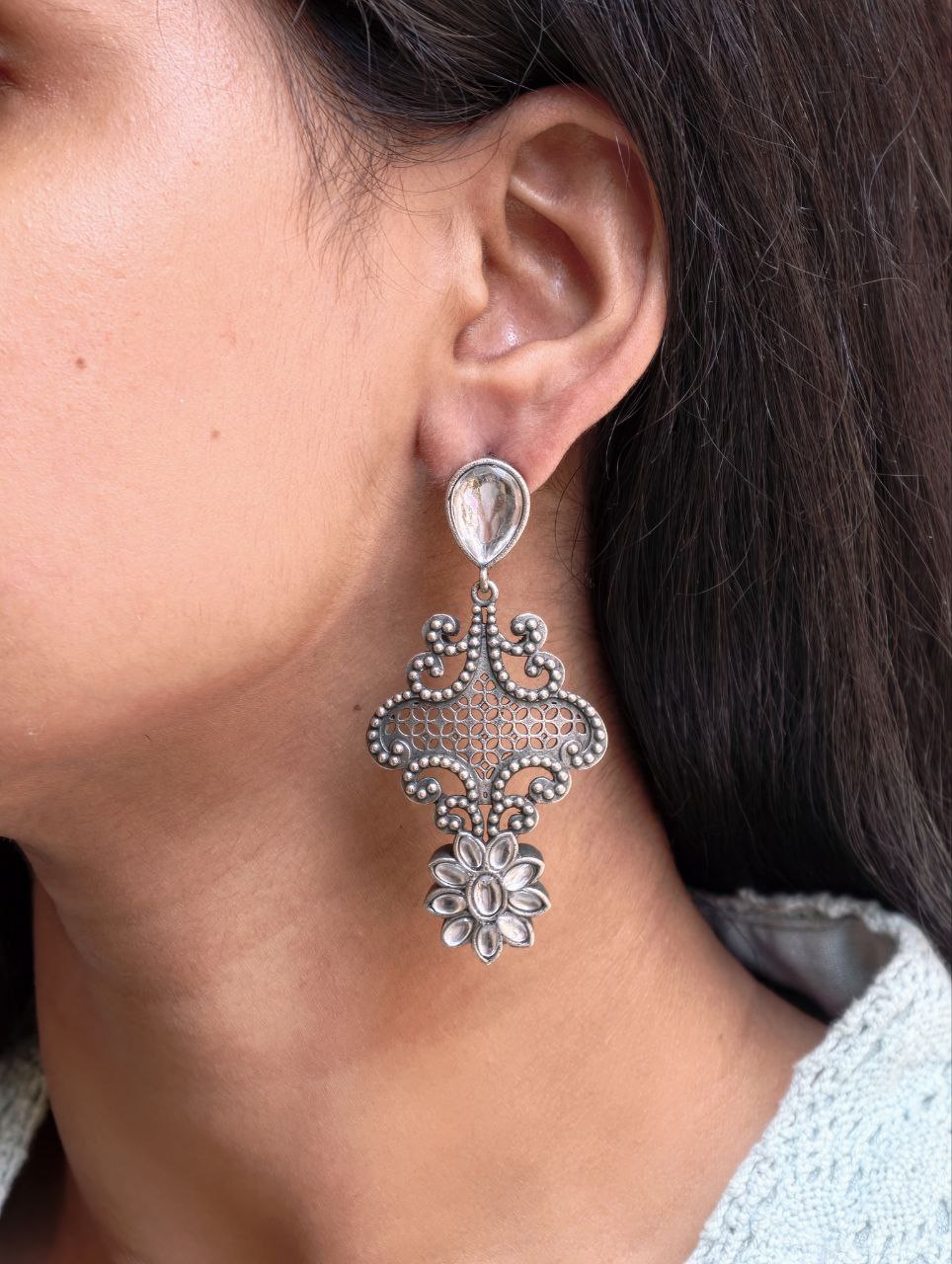 Stunning Silver Flower Dangler with Elegant Ethnic Appeal - Image 5