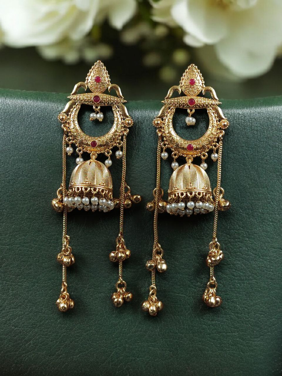 Beautiful Gold Plated Kashmiri Jhumka Earrings with Premium Stone Pearl Work - Image 7