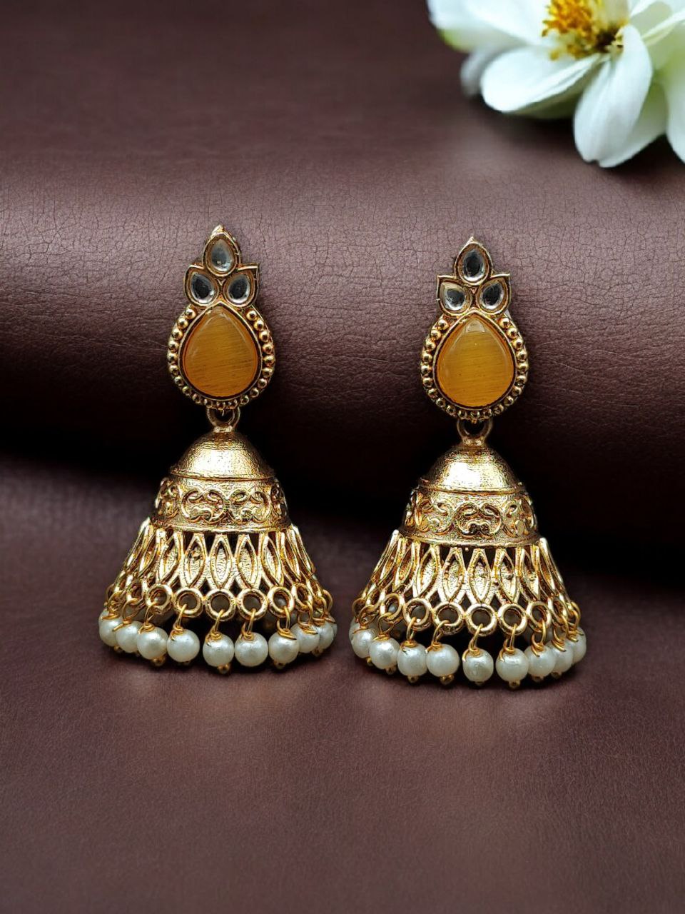 Luxurious Gold Plated Jhumka Earrings with Sparkling Stone Pearl Work - Image 7