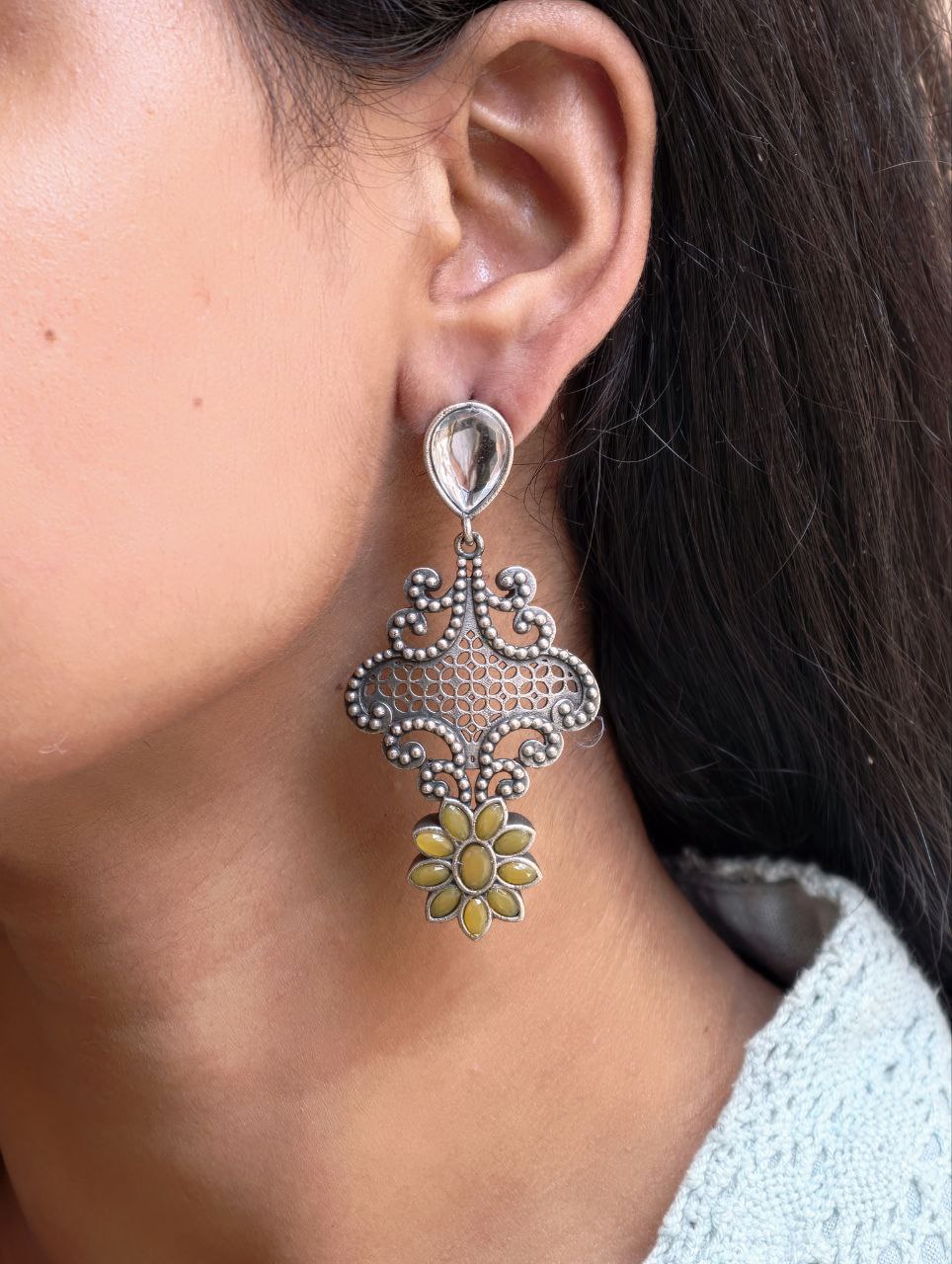 Stunning Silver Flower Dangler with Elegant Ethnic Appeal - Image 4