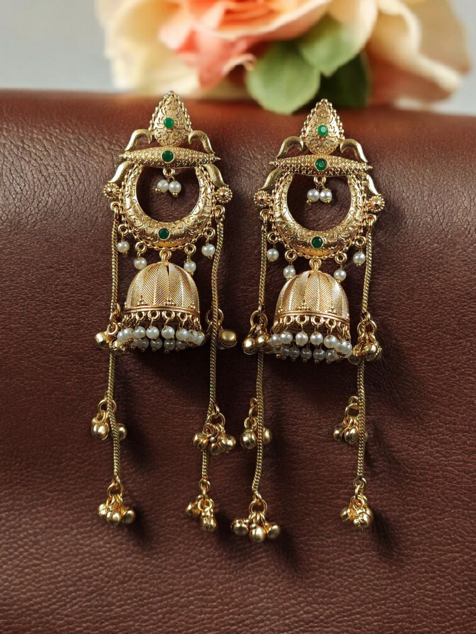 Beautiful Gold Plated Kashmiri Jhumka Earrings with Premium Stone Pearl Work - Image 8