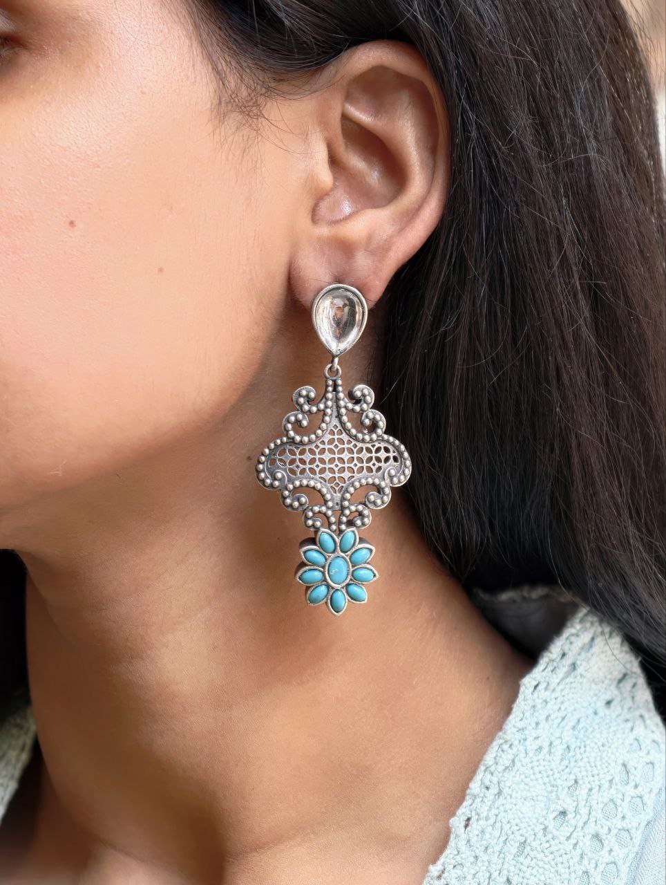 Stunning Silver Flower Dangler with Elegant Ethnic Appeal - Image 3