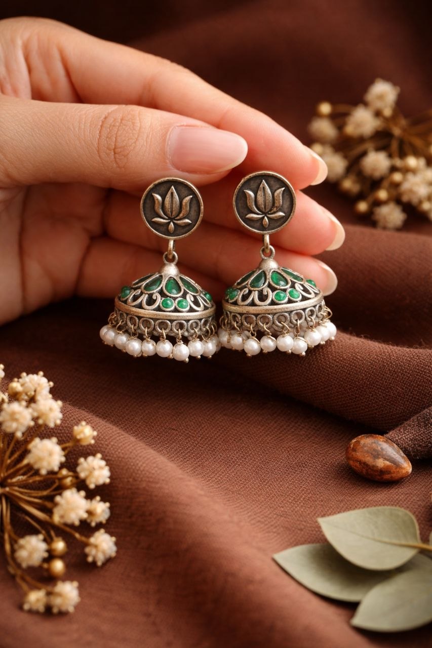 Silver Lotus Jhumka Elegant Dazzling Traditional Earrings for Graceful Women - Image 8