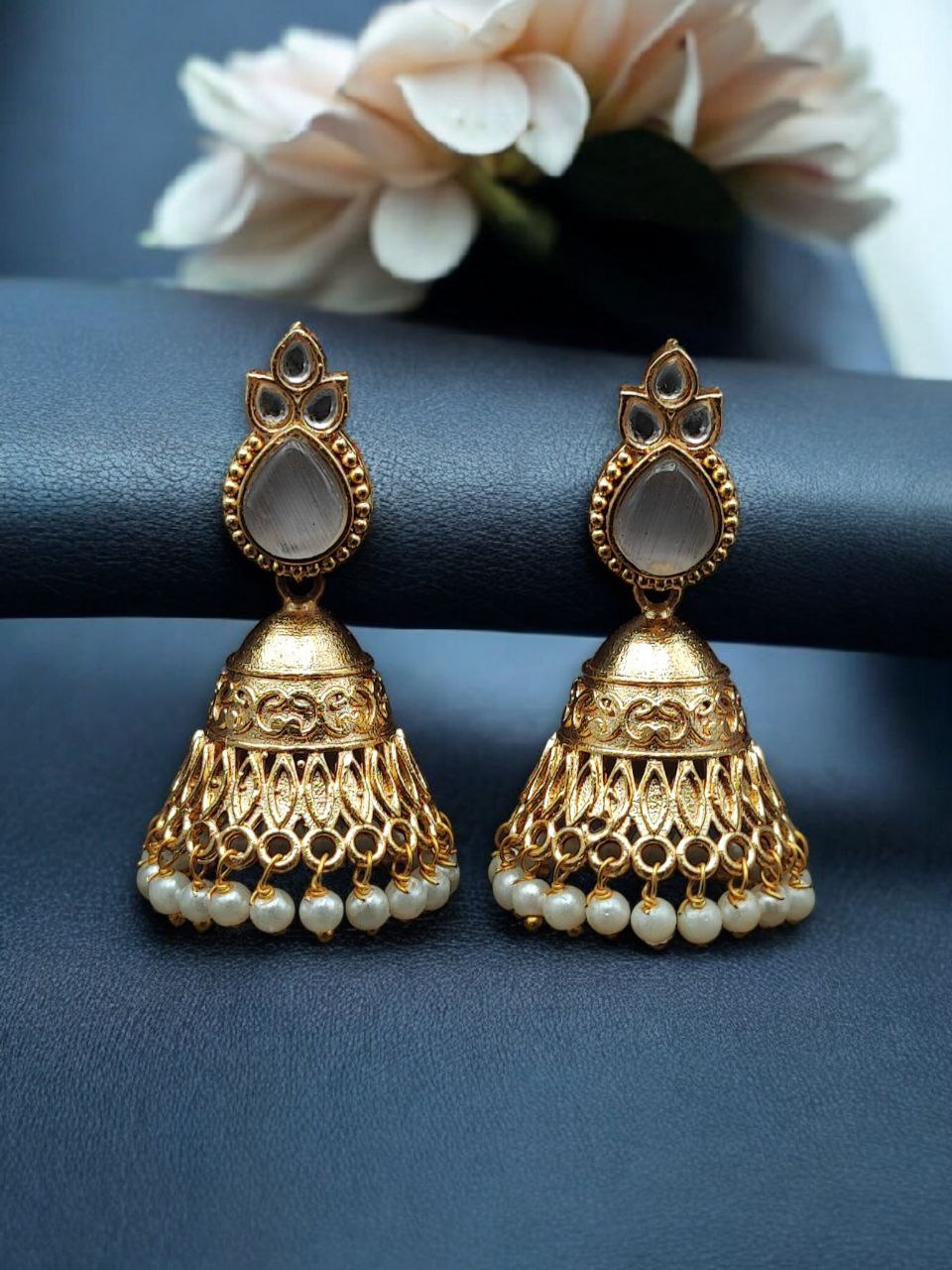 Luxurious Gold Plated Jhumka Earrings with Sparkling Stone Pearl Work - Image 5