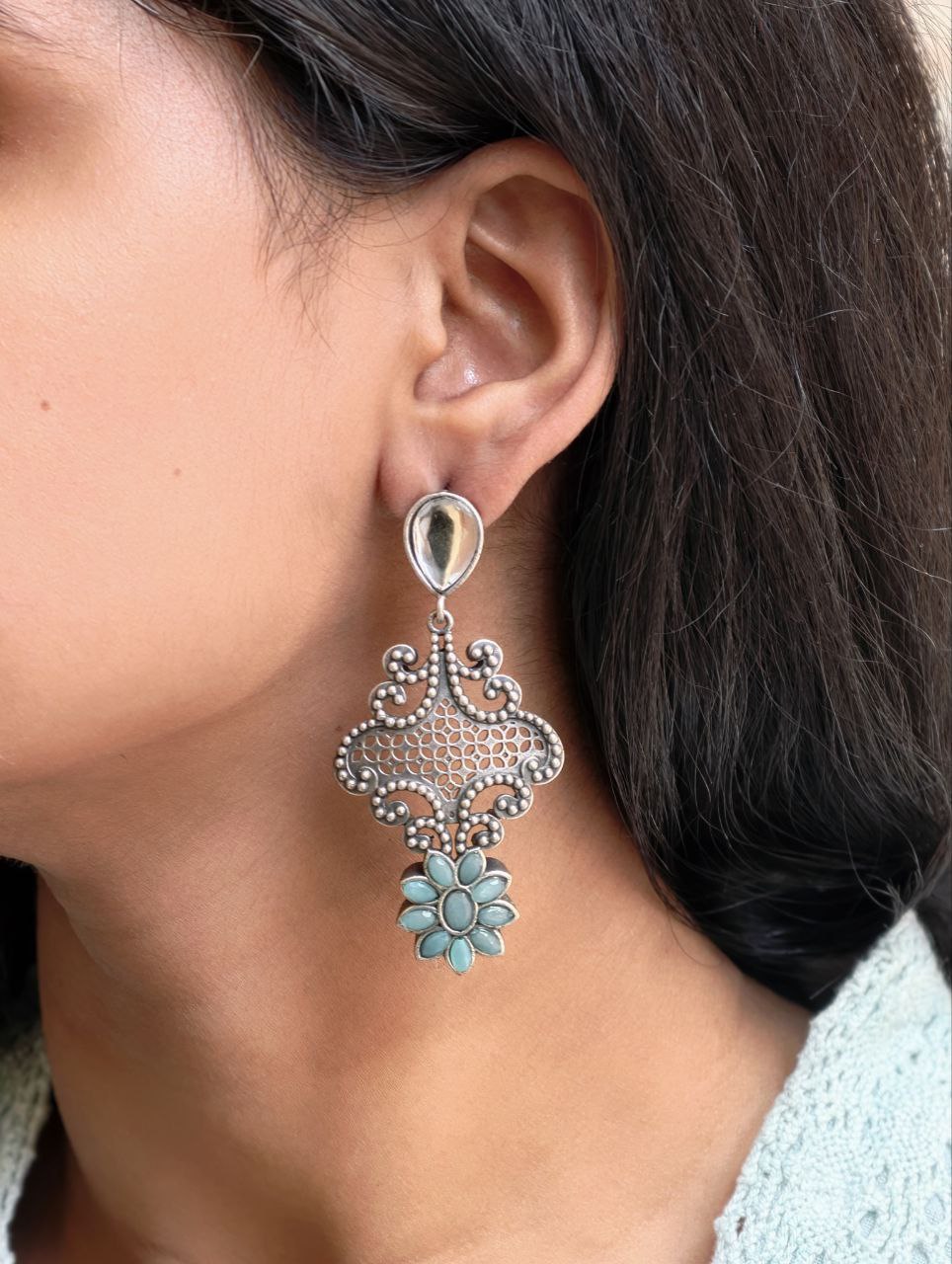 Stunning Silver Flower Dangler with Elegant Ethnic Appeal - Image 2