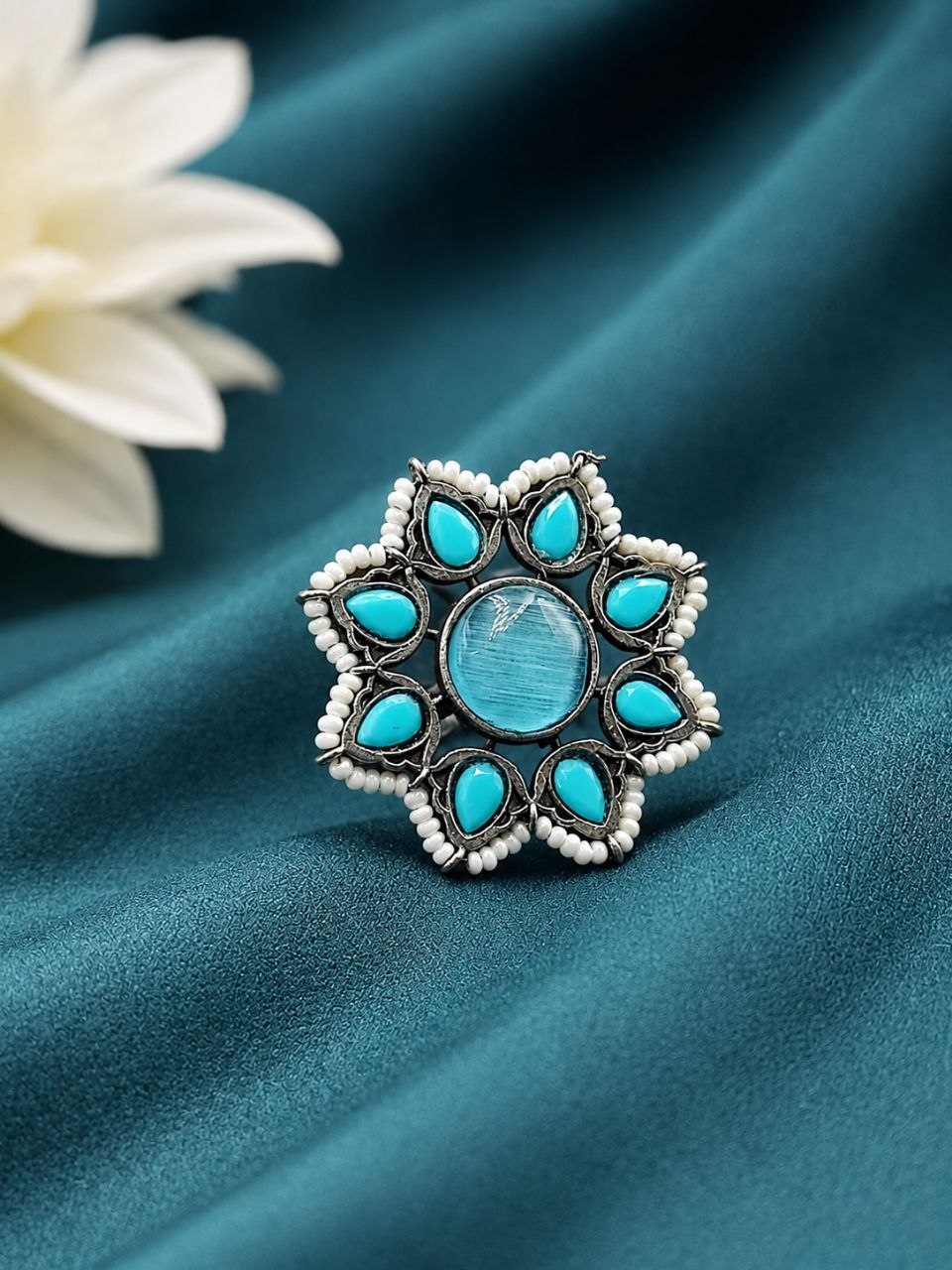 Vintage Flower Ring Adjustable Oxidized Floral Ring for Women - Image 2