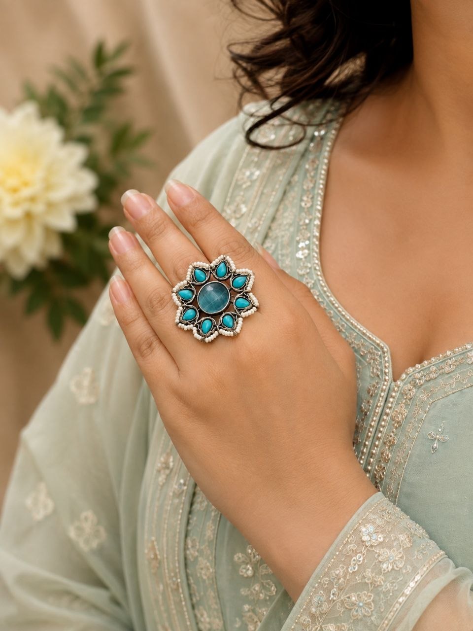 Vintage Flower Ring Adjustable Oxidized Floral Ring for Women