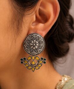 Oxidized Silver Flower Earring Traditional Floral Earrings for Women