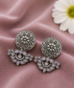 Oxidized Silver Flower Earring Traditional Floral Earrings for Women - Image 4