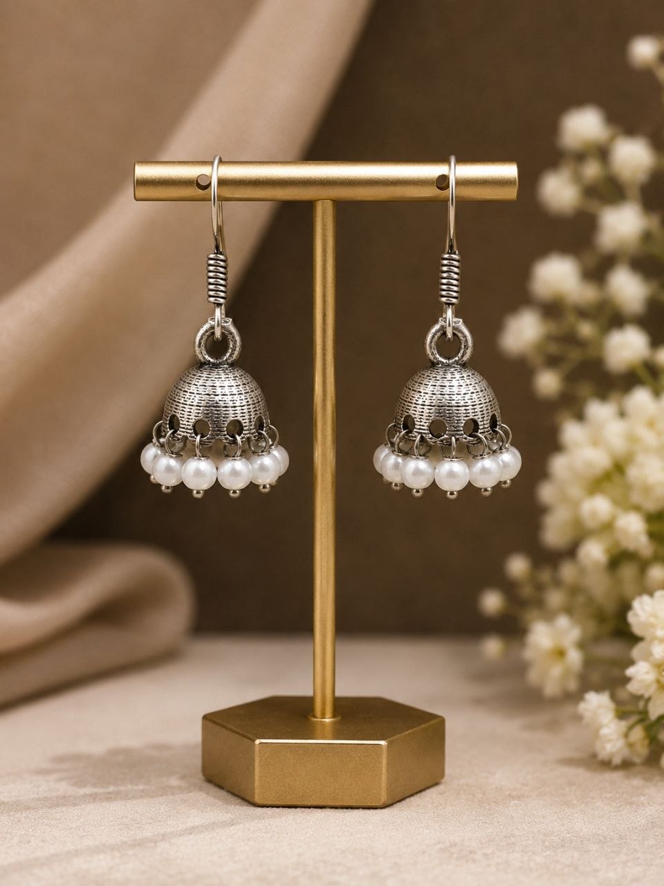 Oxidized Jhumki Earring LightWeight Jewelry for Pearl Work Detailing - Image 2