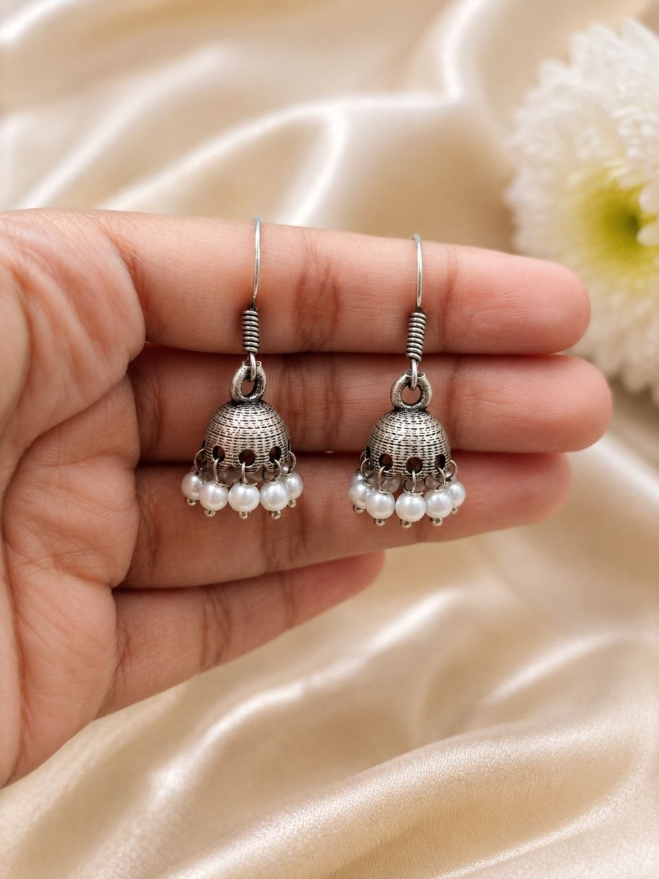 Oxidized Jhumki Earring LightWeight Jewelry for Pearl Work Detailing - Image 3