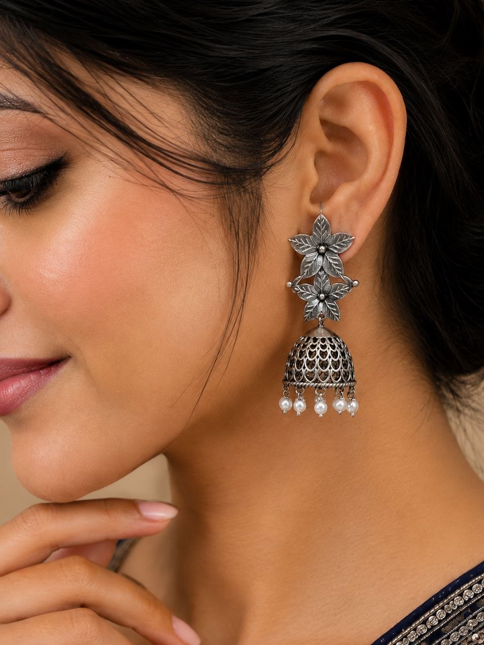 Antique Floral Jhumka Oxidised Ethnic Earrings for Traditional Wear