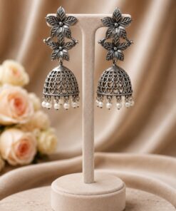 Antique Floral Jhumka Oxidised Ethnic Earrings for Traditional Wear - Image 2