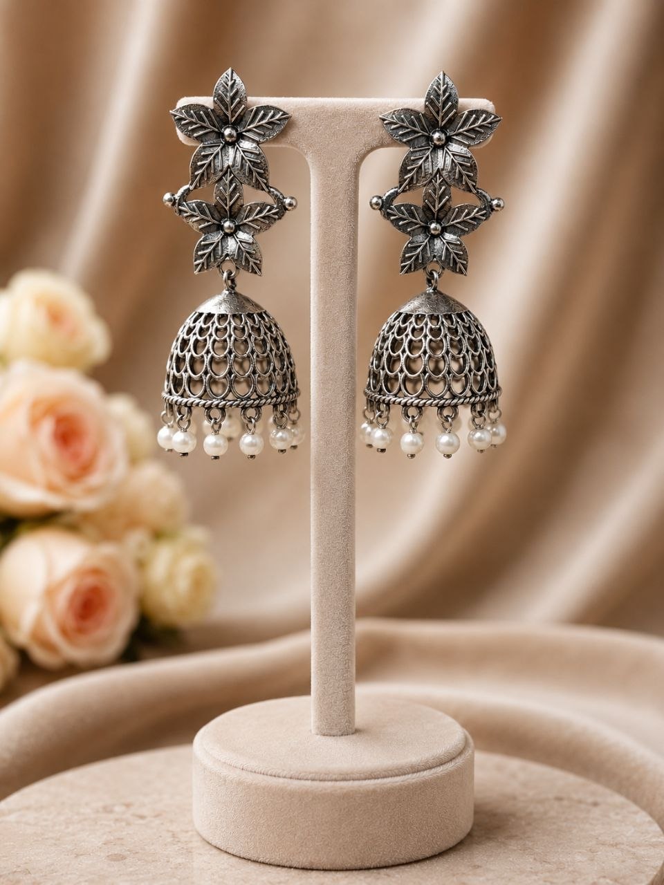 Antique Floral Jhumka Oxidised Ethnic Earrings for Traditional Wear - Image 2