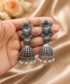 Antique Floral Jhumka Oxidised Ethnic Earrings for Traditional Wear - Image 3