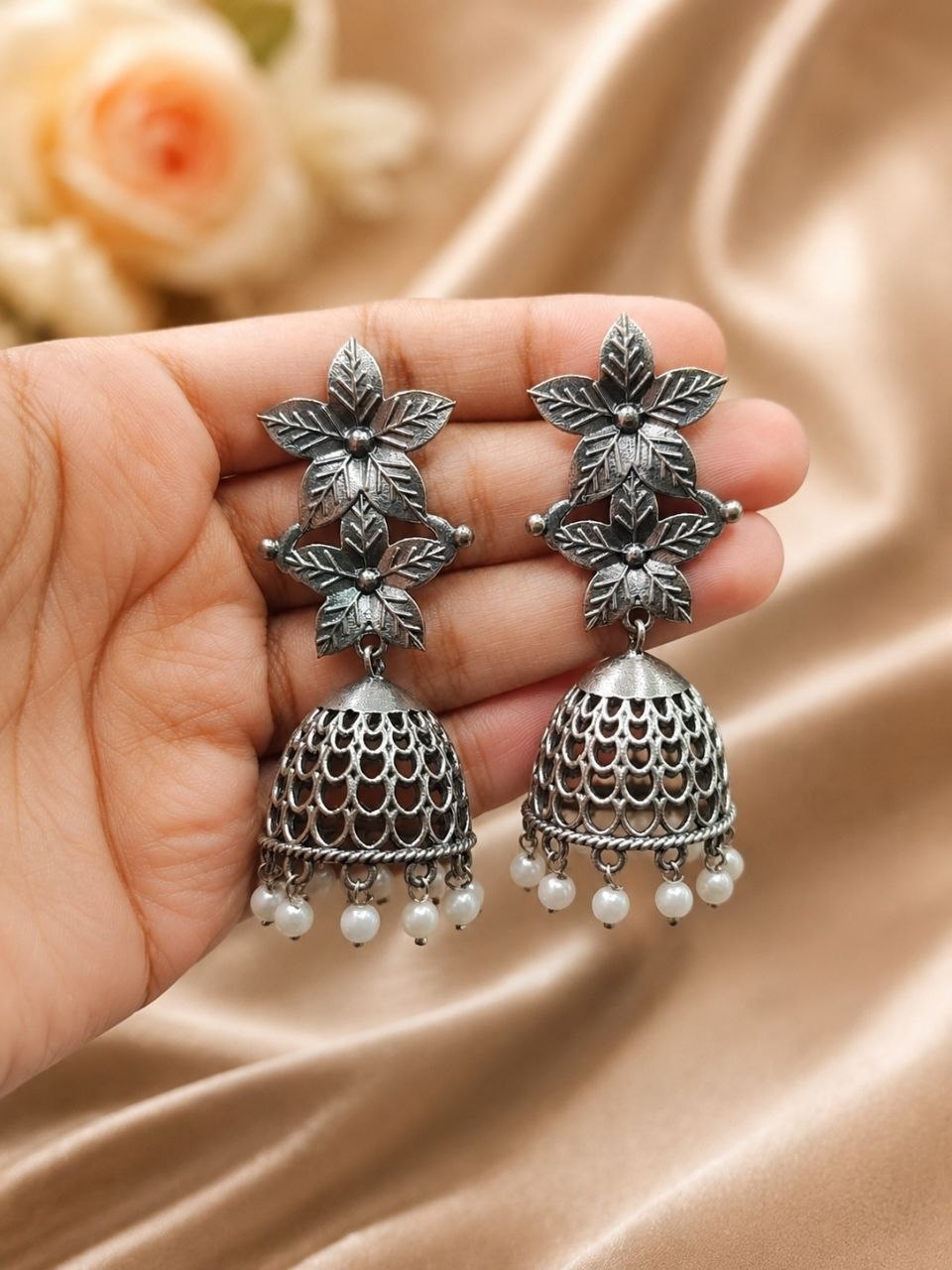 Antique Floral Jhumka Oxidised Ethnic Earrings for Traditional Wear - Image 3