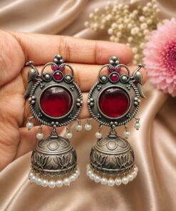 Alternative view of Silver Peacock Jhumka Earring Ethnic Design for Traditional Wear