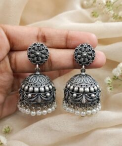Elegant Flower Jhumka Oxidized Silver Jhumka Earrings for Pearl Work Detailing - Image 3