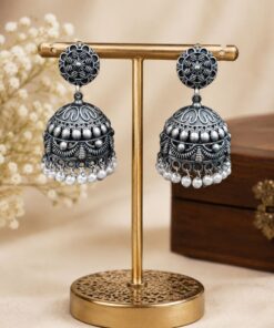 Alternative view of Elegant Flower Jhumka Oxidized Silver Jhumka Earrings for Pearl Work Detailing
