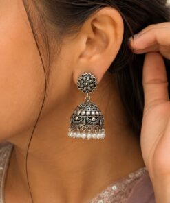 Elegant Flower Jhumka Oxidized Silver Jhumka Earrings for Pearl Work Detailing