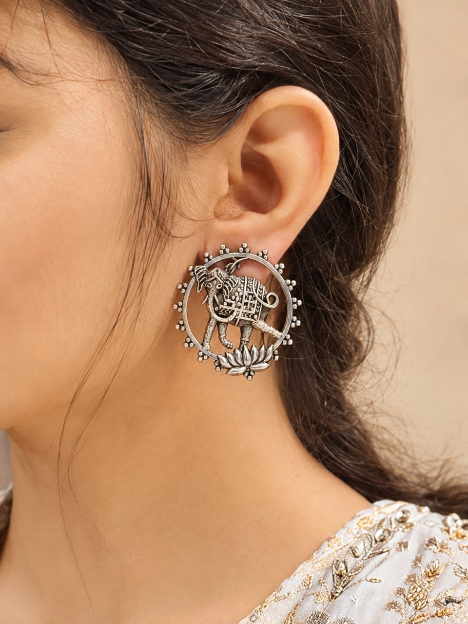 Silver Elephant Stud Earring Elegant Oxidized Beautiful Design for Traditional Wear